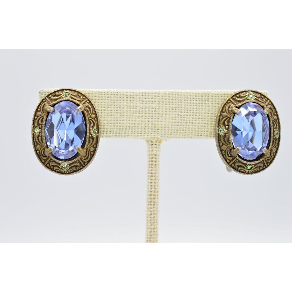 Banana Bob Vintage Clip Earrings Gunmetal Purple Crystal Green Signed BinW